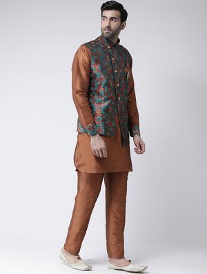 brown solid kurta pyjama set with jacquard nehru jacket - 17335139 - Standard Image - 2