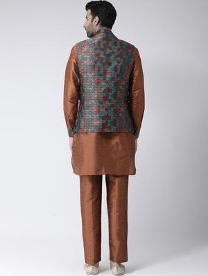 brown solid kurta pyjama set with jacquard nehru jacket - 17335139 - Standard Image - 3