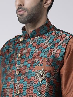 brown solid kurta pyjama set with jacquard nehru jacket - 17335139 - Standard Image - 4