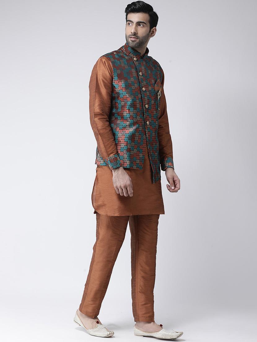 brown solid kurta pyjama set with jacquard nehru jacket - 17335139 - Zoom Image - 2