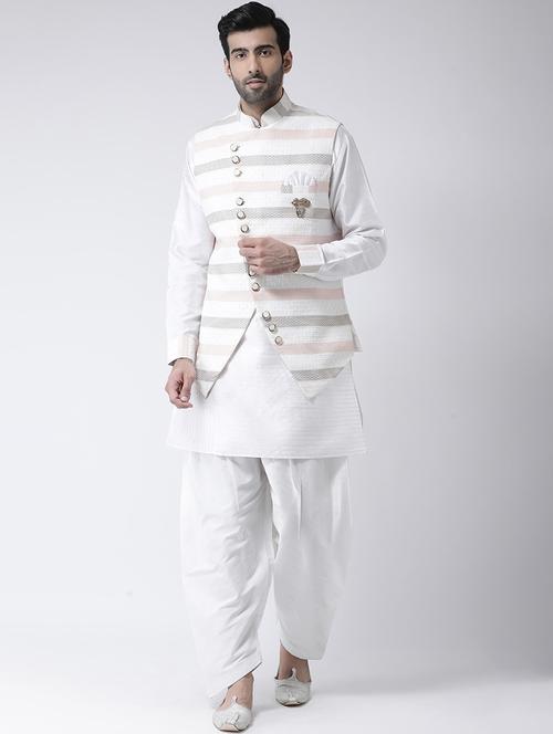 white solid kurta pyjama set with jacquard nehru jacket - 17335140 - Standard Image - 1