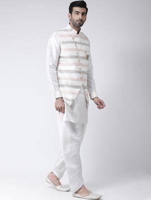 white solid kurta pyjama set with jacquard nehru jacket - 17335140 - Standard Image - 2
