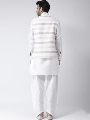 white solid kurta pyjama set with jacquard nehru jacket - 17335140 - Standard Image - 3