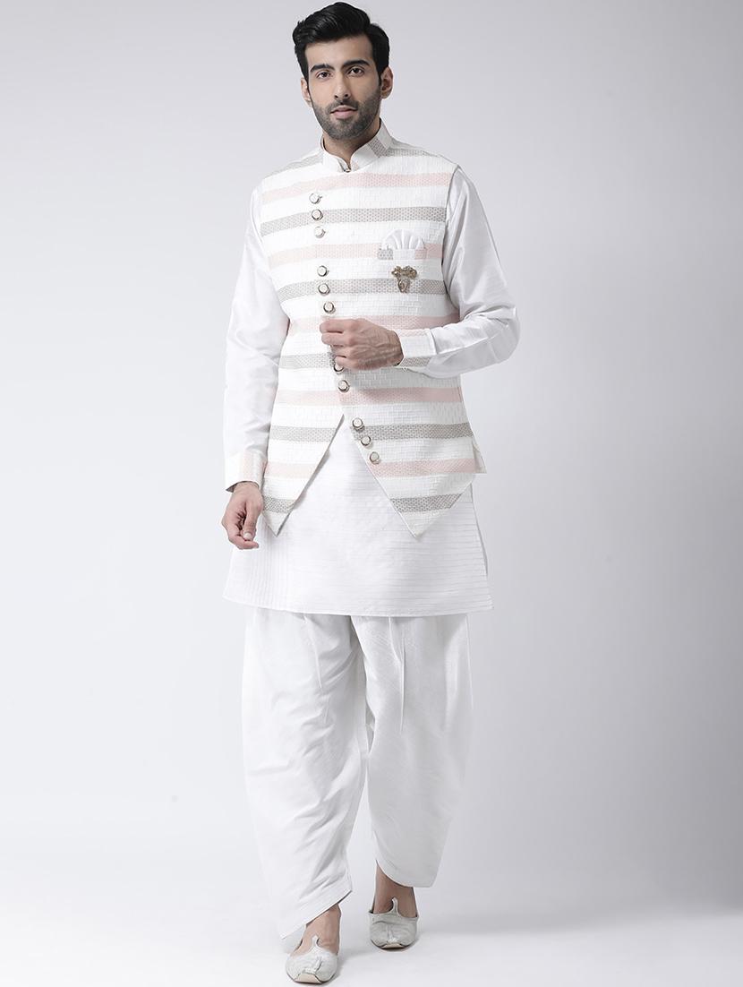white solid kurta pyjama set with jacquard nehru jacket - 17335140 - Zoom Image - 1