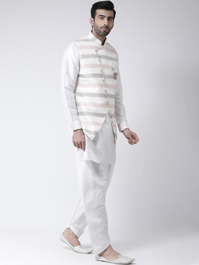 white solid kurta pyjama set with jacquard nehru jacket - 17335140 - Zoom Image - 2