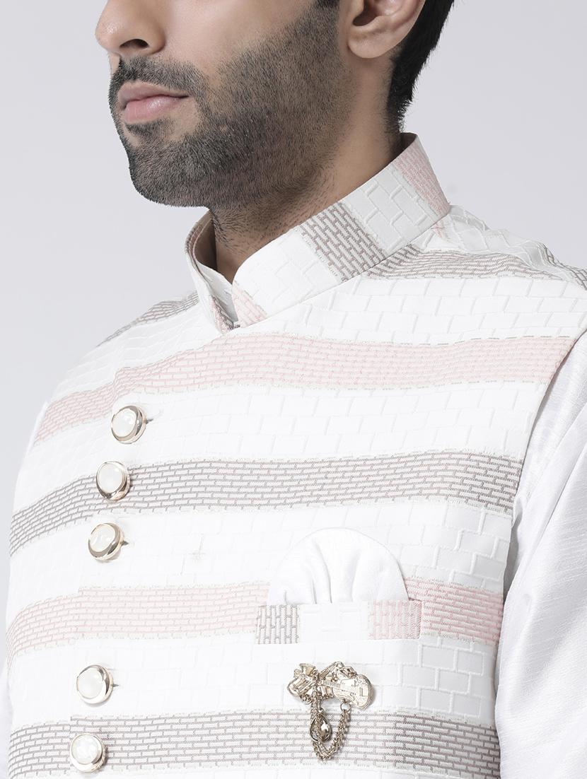 white solid kurta pyjama set with jacquard nehru jacket - 17335140 - Zoom Image - 4
