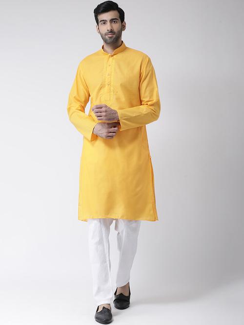 yellow solid kurta pyjama set with embroidered neckline - 17335150 - Standard Image - 1