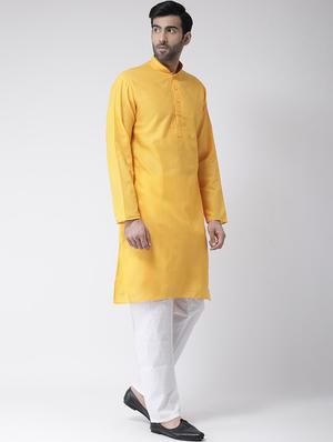 yellow solid kurta pyjama set with embroidered neckline - 17335150 - Standard Image - 2