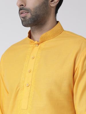 yellow solid kurta pyjama set with embroidered neckline - 17335150 - Standard Image - 4