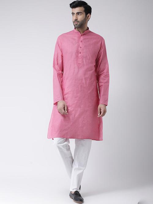 pink solid kurta pyjama set with embroidered neckline - 17335153 - Standard Image - 1