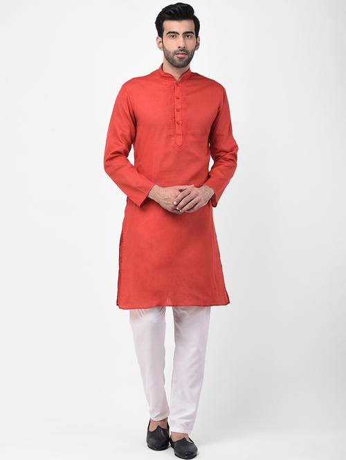 red solid kurta pyjama set with embroidered neckline - 17335160 - Standard Image - 1
