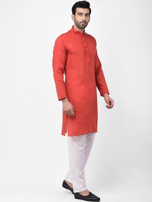 red solid kurta pyjama set with embroidered neckline - 17335160 - Standard Image - 2