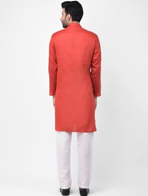 red solid kurta pyjama set with embroidered neckline - 17335160 - Standard Image - 3