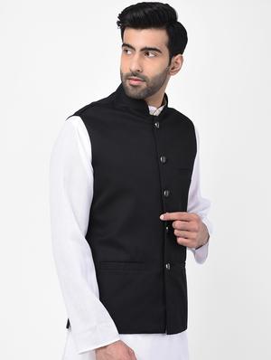 black solid nehru jacket - 17335172 - Standard Image - 2
