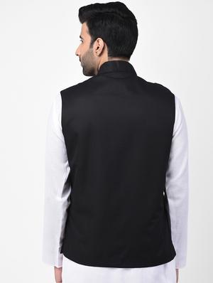 black solid nehru jacket - 17335172 - Standard Image - 3