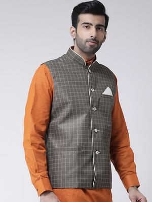 grey checkered nehru jacket - 17335173 - Standard Image - 2