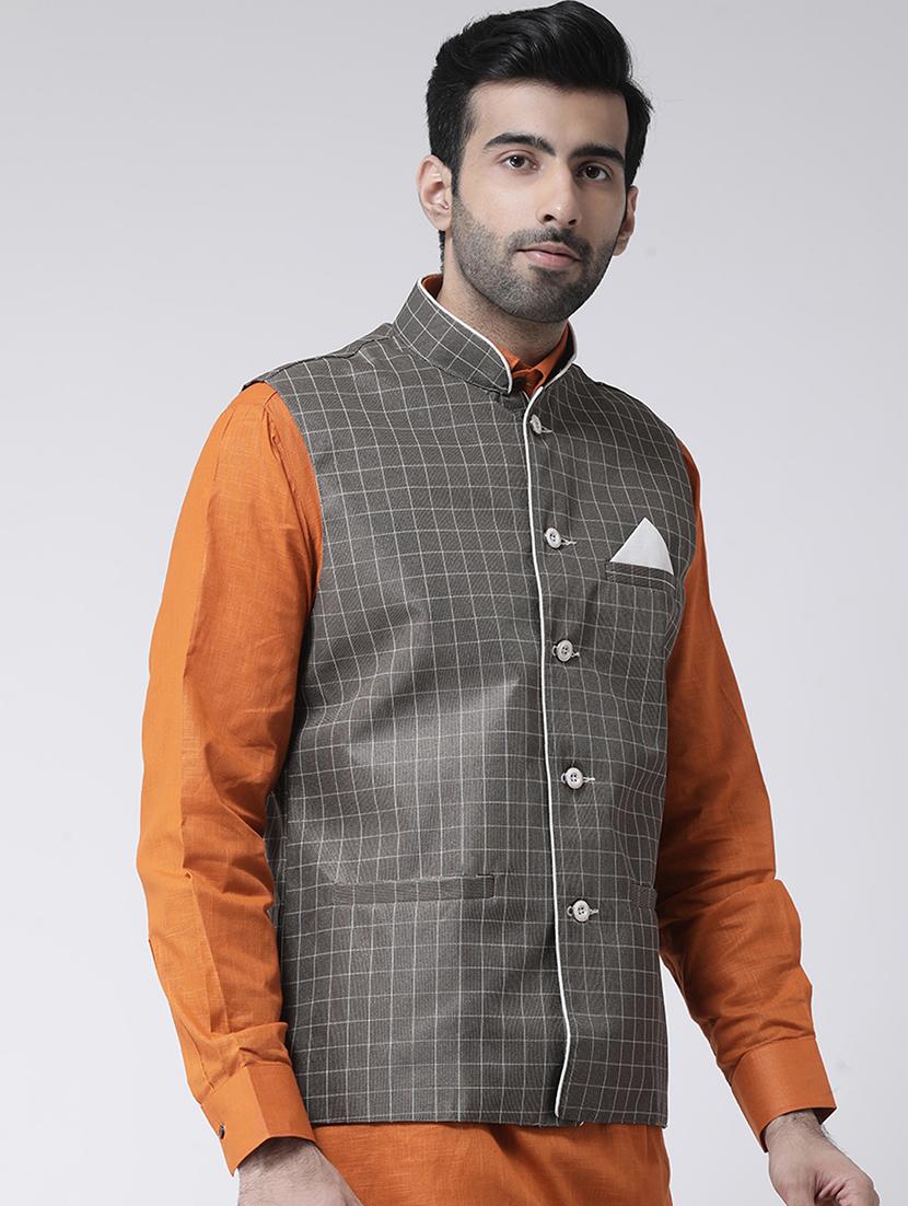 grey checkered nehru jacket - 17335173 - Zoom Image - 2