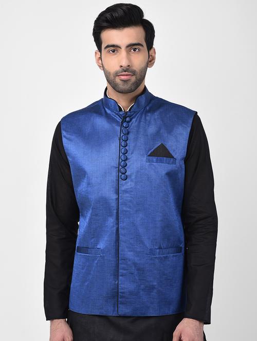 blue solid nehru jacket - 17335174 - Standard Image - 1