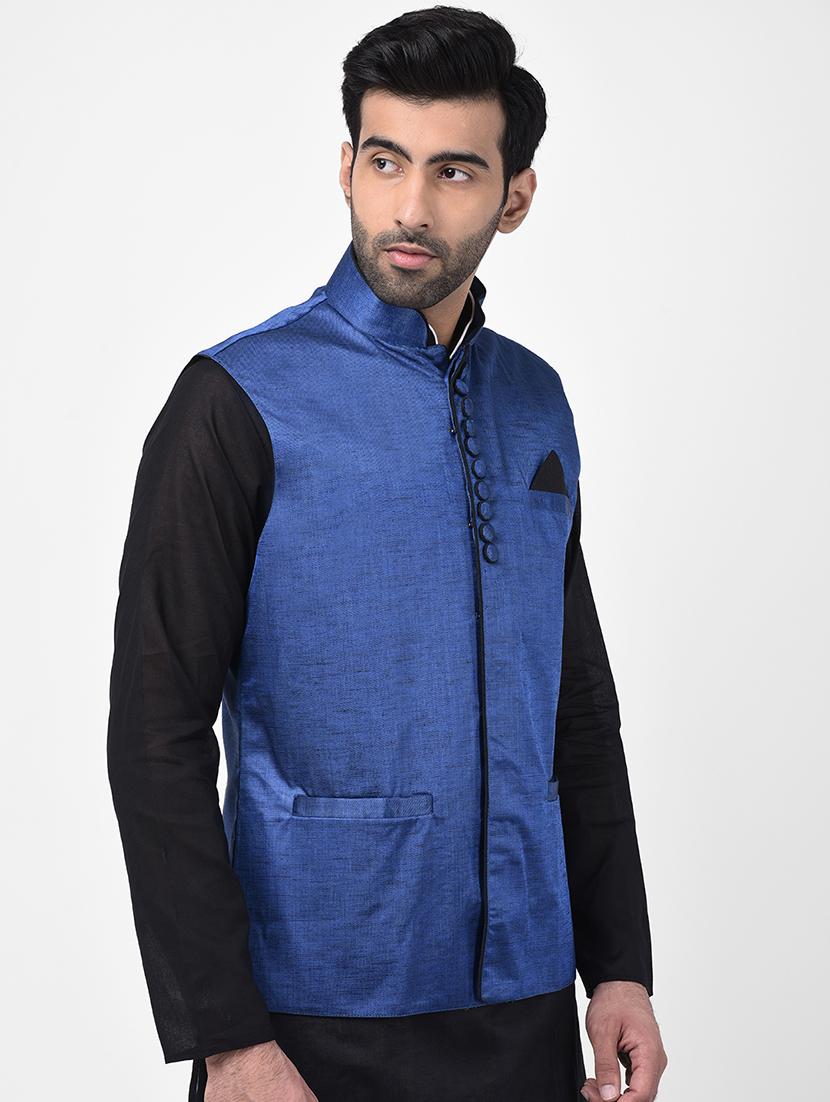 blue solid nehru jacket - 17335174 - Zoom Image - 2