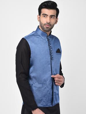 blue solid nehru jacket - 17335176 - Standard Image - 2