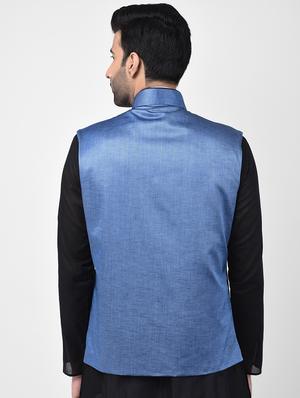 blue solid nehru jacket - 17335176 - Standard Image - 3