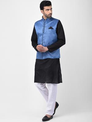blue solid nehru jacket - 17335176 - Standard Image - 4