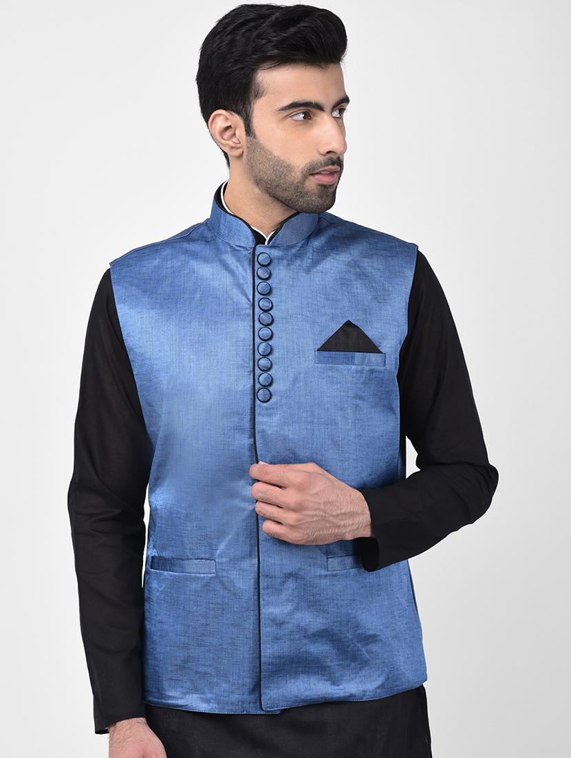 blue solid nehru jacket - 17335176 - Zoom Image - 1
