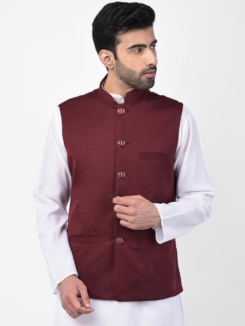 maroon solid nehru jacket - 17335177 - Standard Image - 1