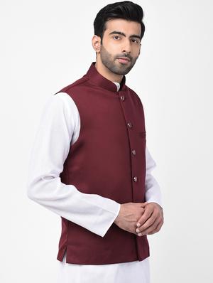 maroon solid nehru jacket - 17335177 - Standard Image - 2