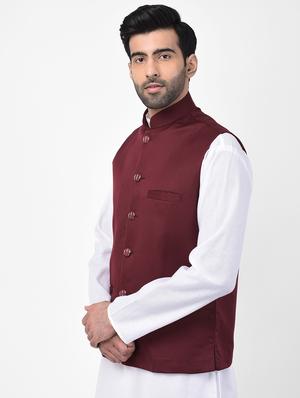 maroon solid nehru jacket - 17335177 - Standard Image - 3