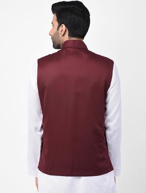 maroon solid nehru jacket - 17335177 - Standard Image - 4