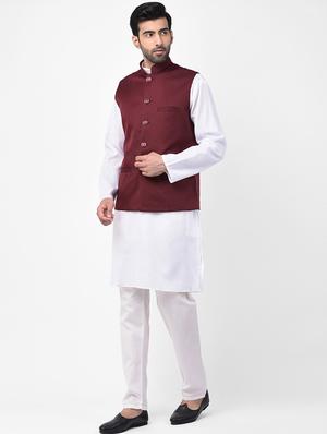 maroon solid nehru jacket - 17335177 - Standard Image - 5