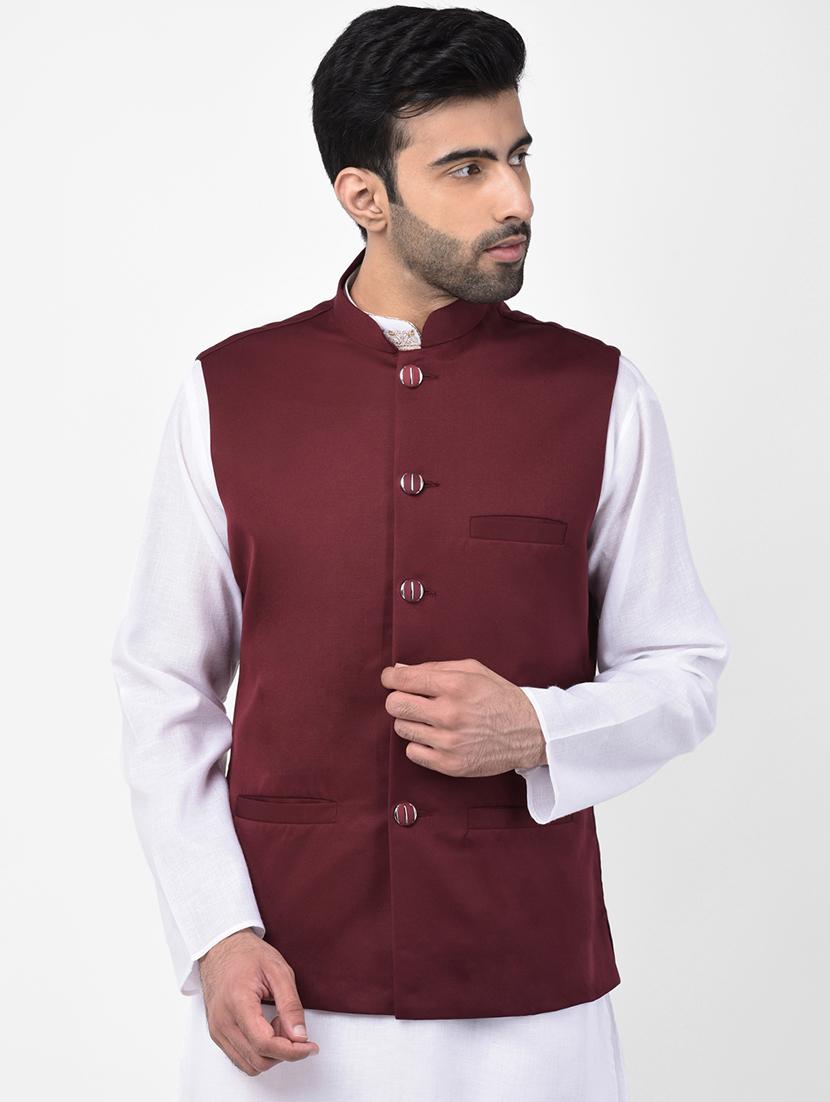 maroon solid nehru jacket - 17335177 - Zoom Image - 1