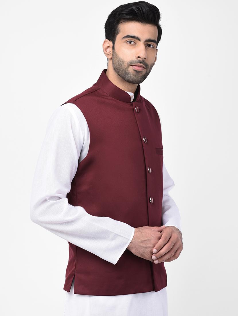 maroon solid nehru jacket - 17335177 - Zoom Image - 2