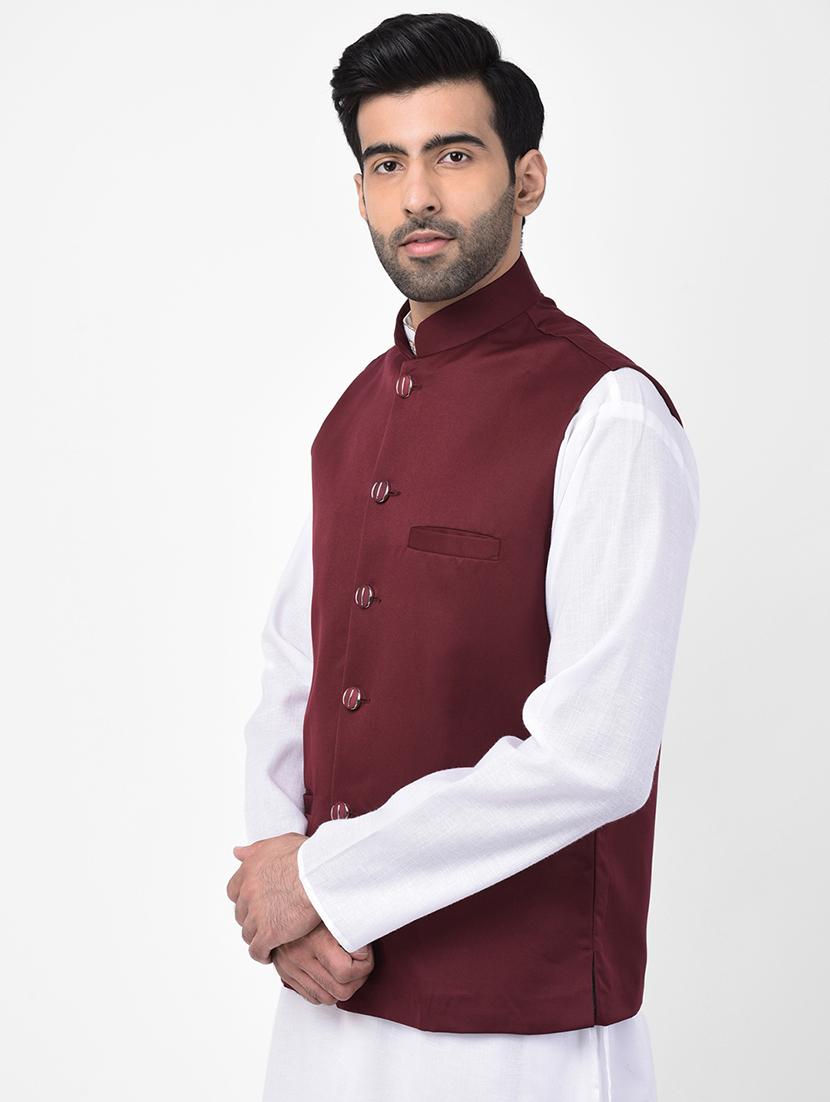 maroon solid nehru jacket - 17335177 - Zoom Image - 3