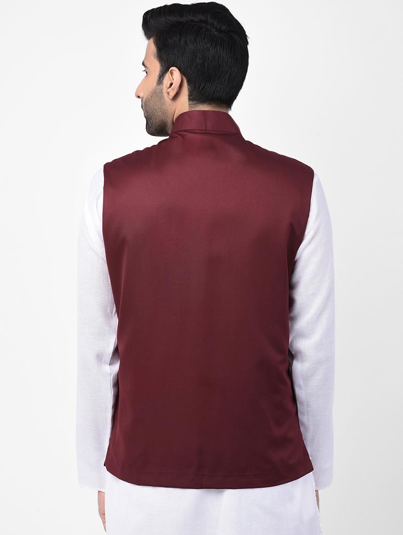 maroon solid nehru jacket - 17335177 - Zoom Image - 4