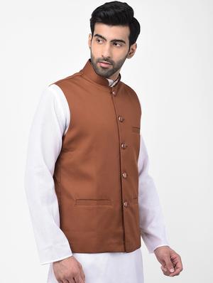 brown solid nehru jacket - 17335178 - Standard Image - 2