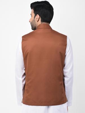 brown solid nehru jacket - 17335178 - Standard Image - 3