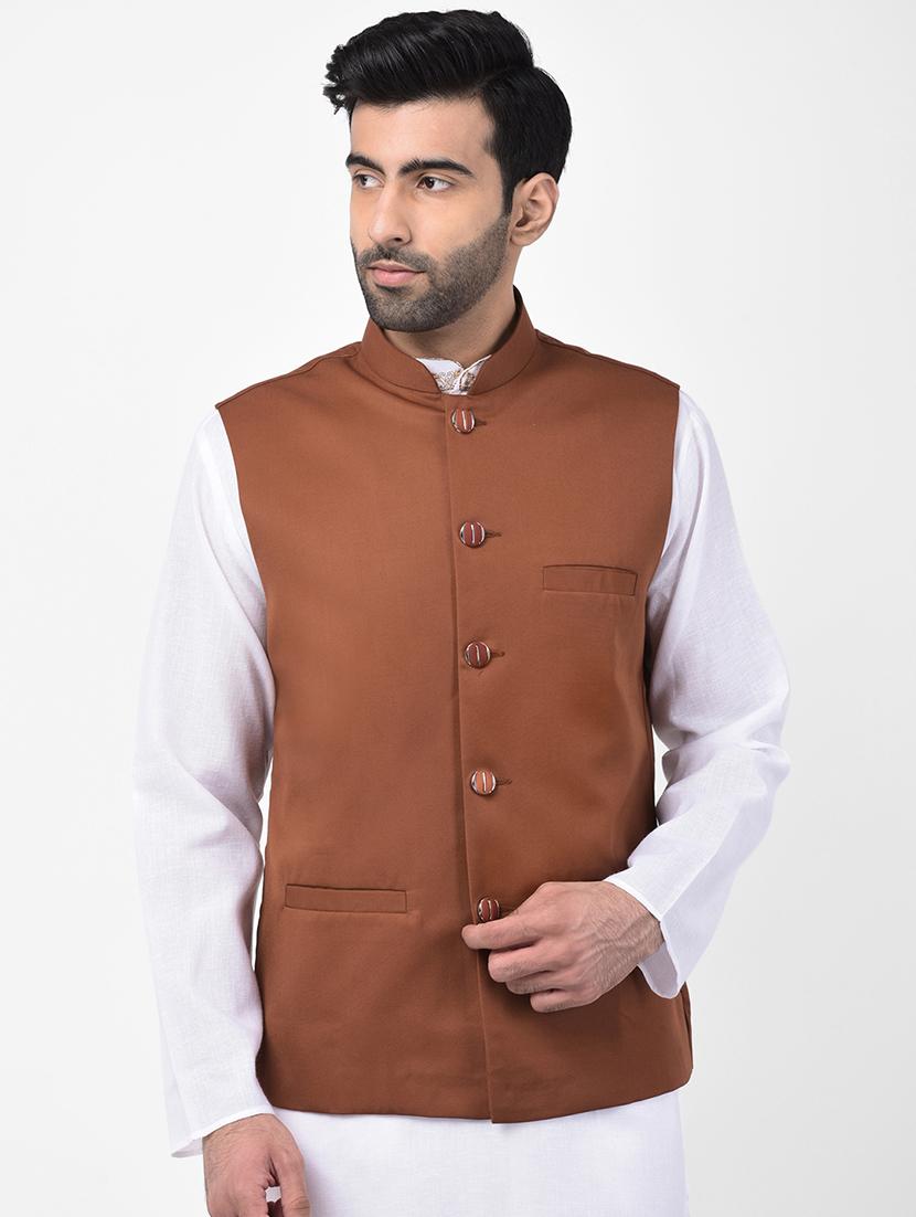 brown solid nehru jacket - 17335178 - Zoom Image - 1