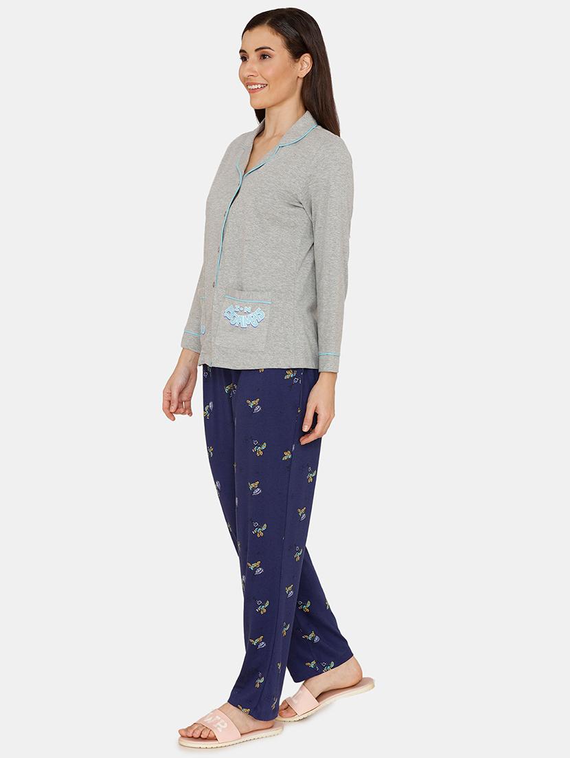 solid shirt with printed pyjama set - 17336164 - Zoom Image - 2