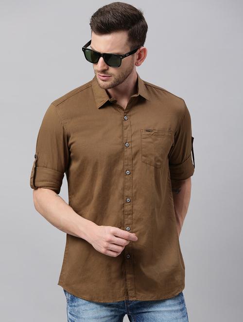 khaki solid casual shirt - 17337395 - Standard Image - 1