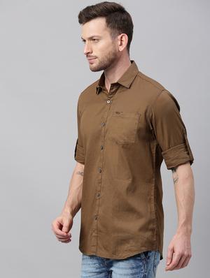 khaki solid casual shirt - 17337395 - Standard Image - 2