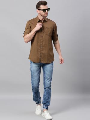 khaki solid casual shirt - 17337395 - Standard Image - 4