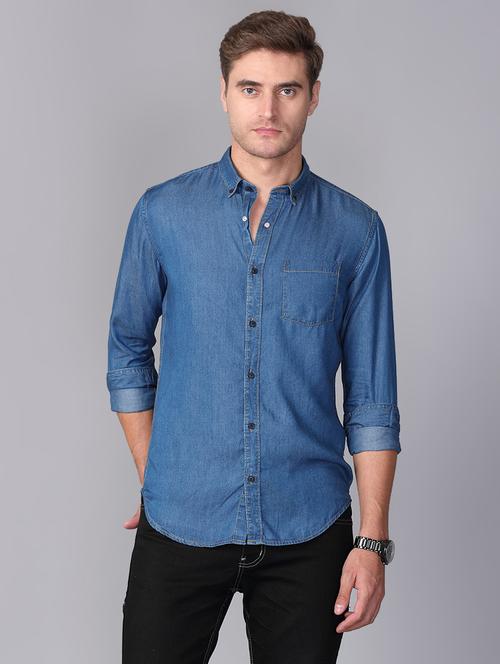 blue solid denim casual shirt - 17339893 - Standard Image - 1