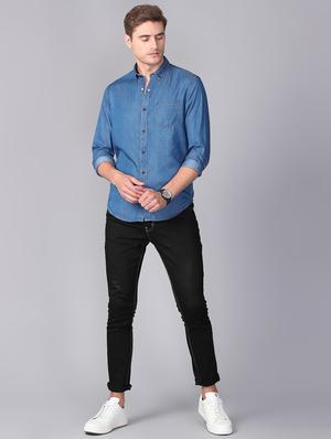 blue solid denim casual shirt - 17339893 - Standard Image - 3