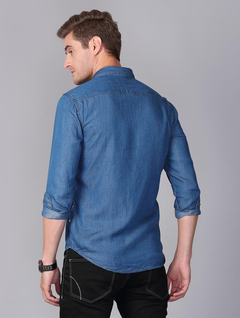 blue solid denim casual shirt - 17339893 - Zoom Image - 2
