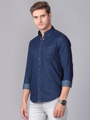 dark blue solid denim casual shirt - 17339894 - Standard Image - 2
