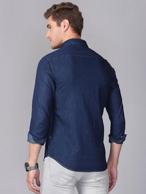 dark blue solid denim casual shirt - 17339894 - Standard Image - 3