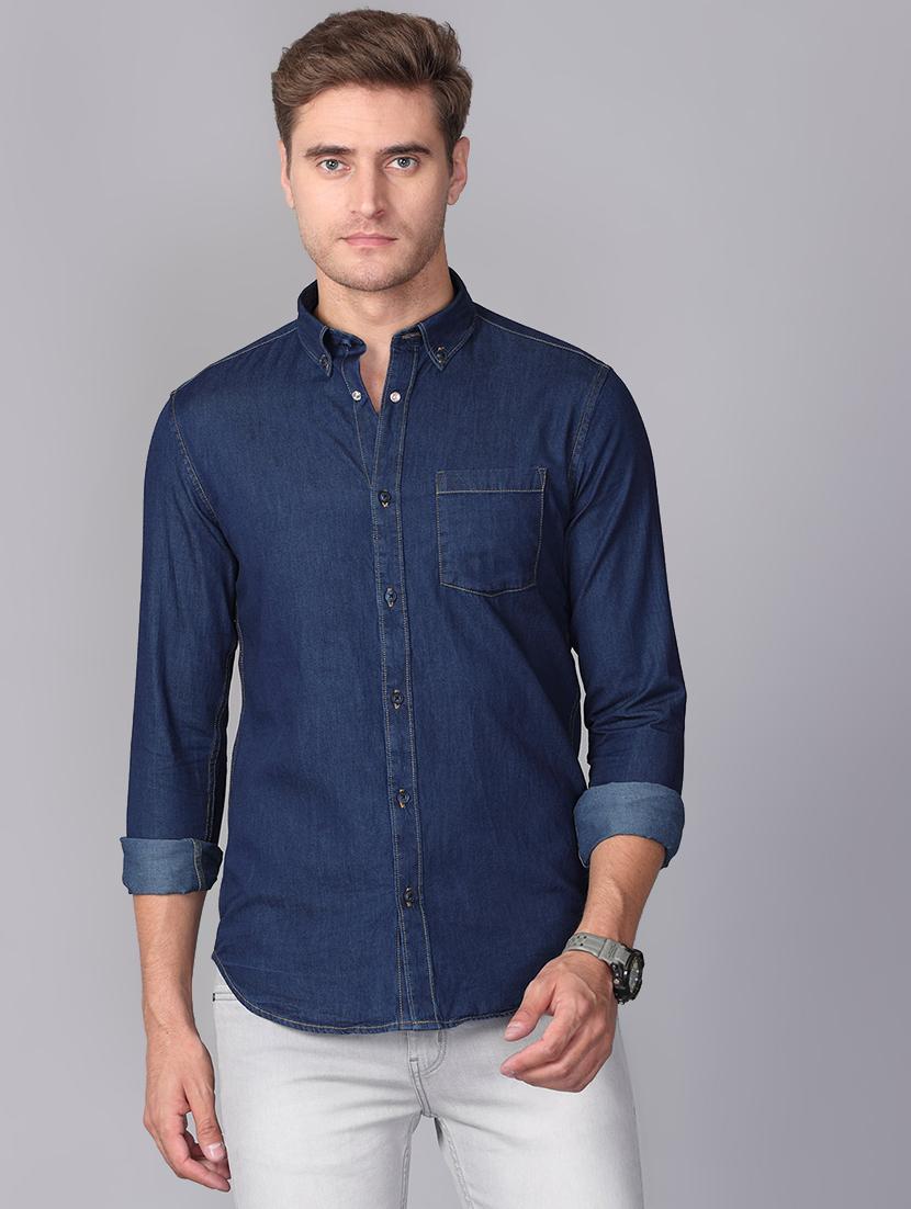 dark blue solid denim casual shirt - 17339894 - Zoom Image - 1