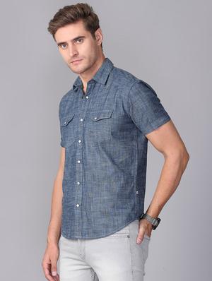 blue solid denim casual shirt - 17339898 - Standard Image - 2
